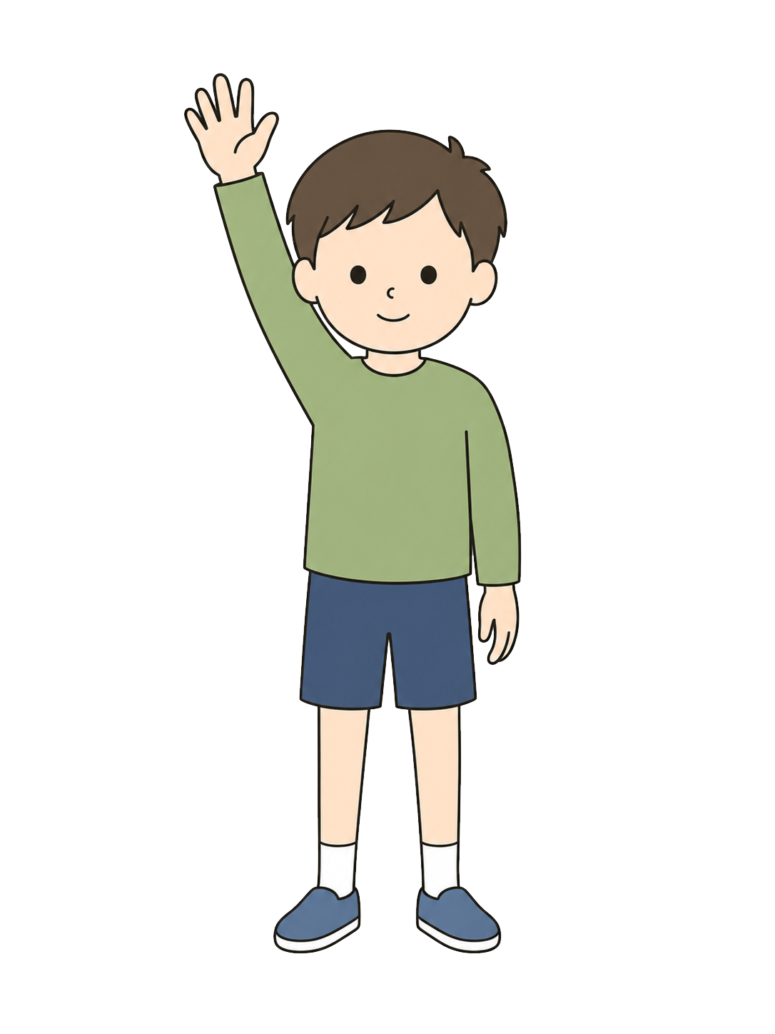 Full-body illustration of an elementary school boy raising one hand
