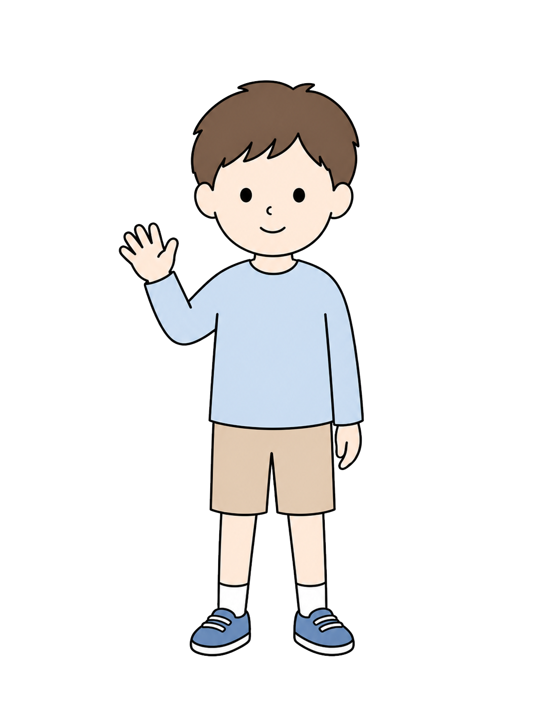 Full-body illustration of an elementary school boy waving one hand