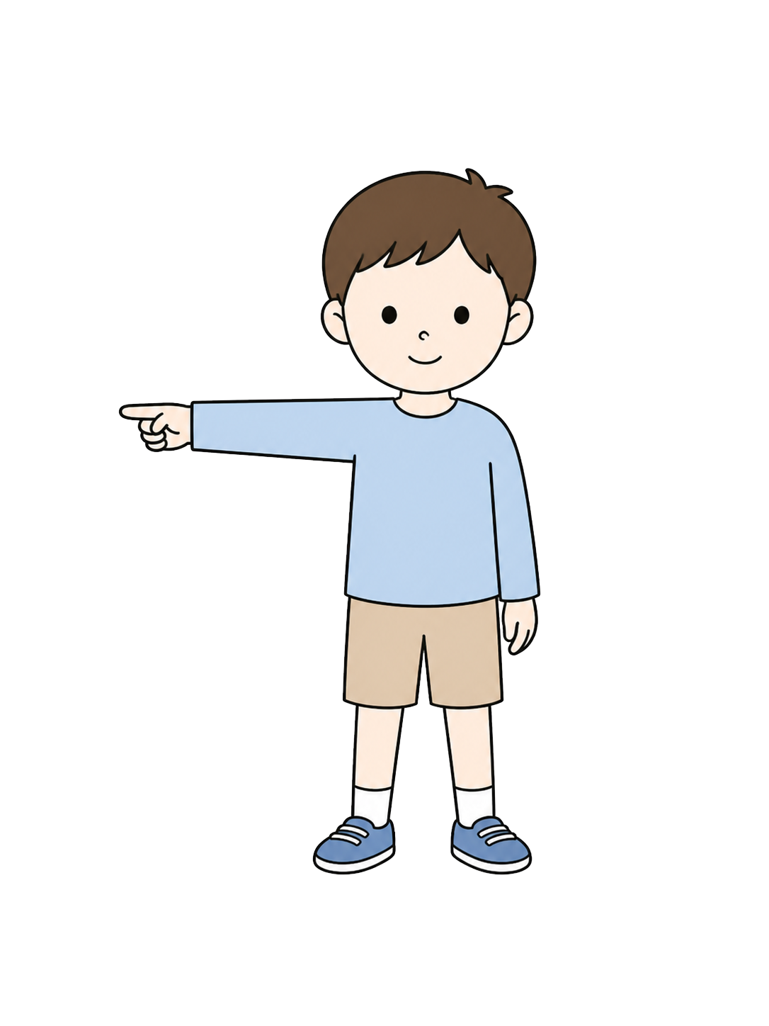 Full-body illustration of an elementary school boy pointing to the side
