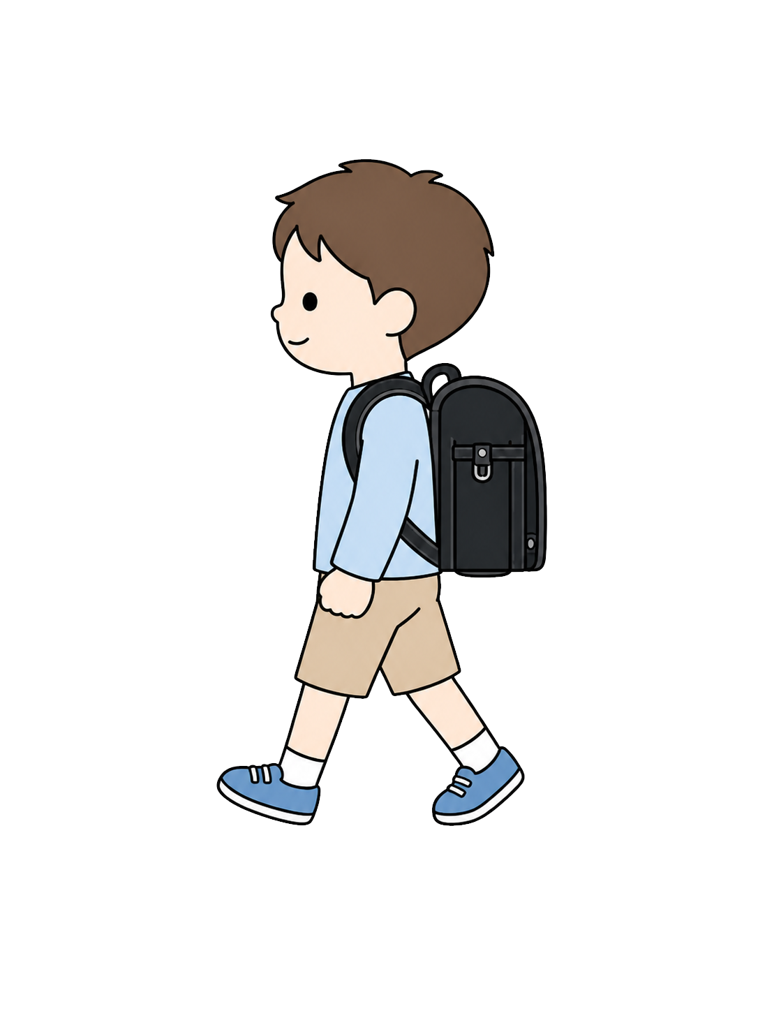 Full-body illustration of an elementary school boy walking left with a randoseru backpack