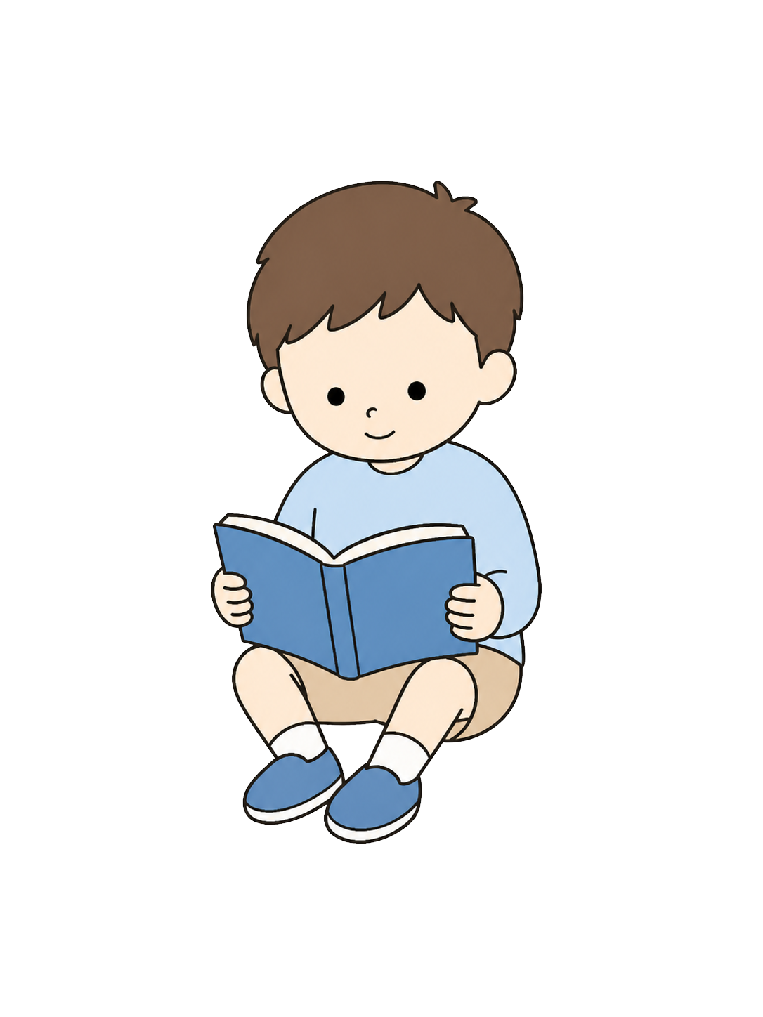 Full-body illustration of a seated elementary school boy reading an open book