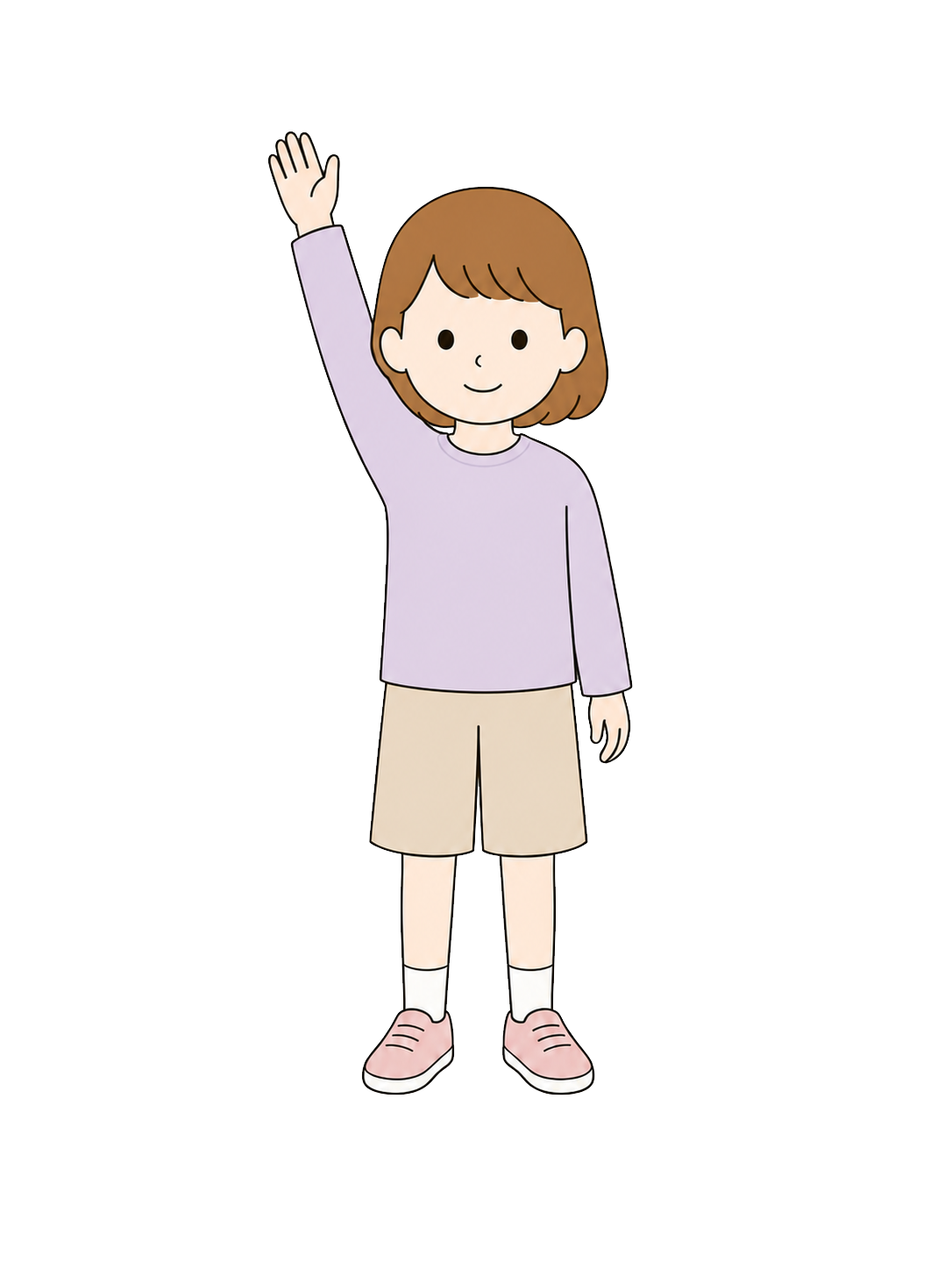 Full-body illustration of an elementary school girl raising one hand