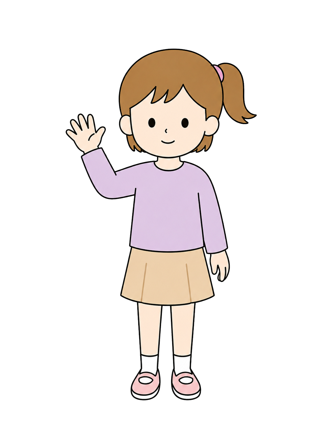Full-body illustration of an elementary school girl waving one hand