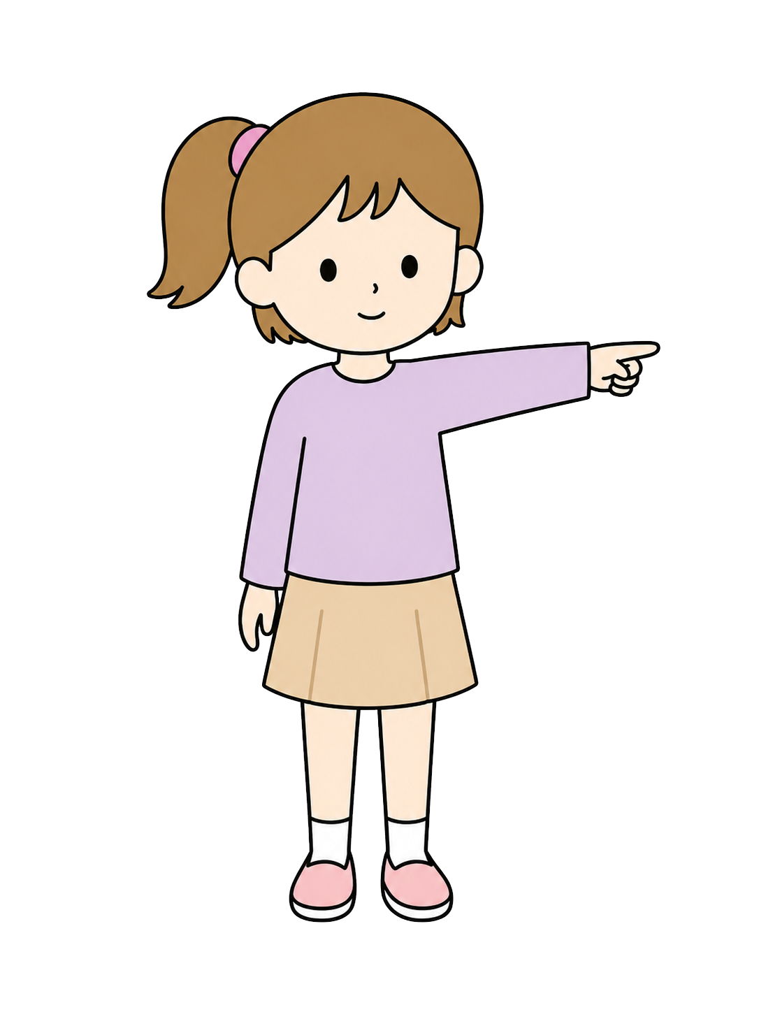 Full-body illustration of an elementary school girl pointing to the side