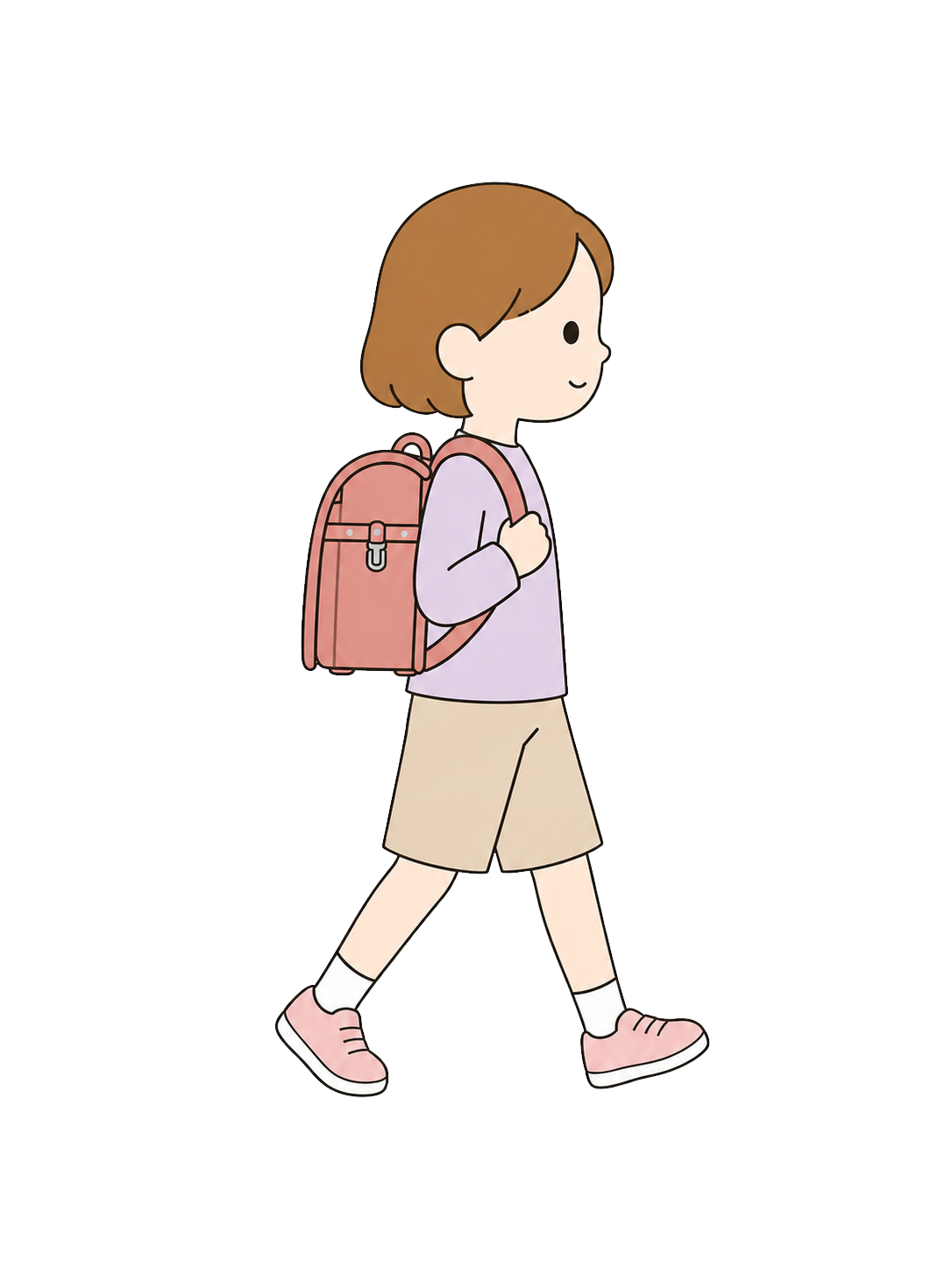 Full-body illustration of an elementary school girl walking right with a randoseru backpack