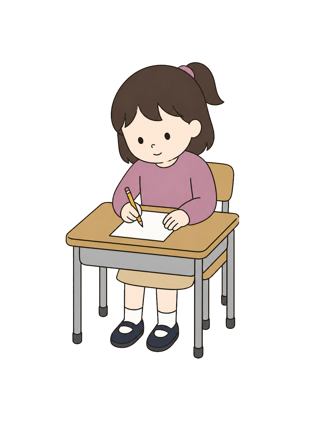 Full-body illustration of an elementary school girl studying at a school desk