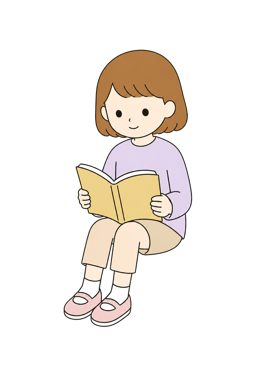 Full-body illustration of a seated elementary school girl reading an open book