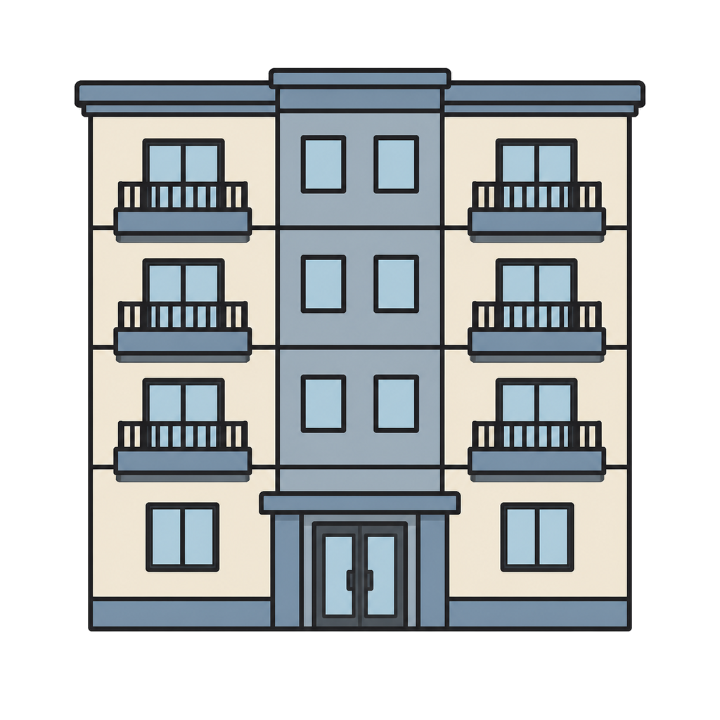 Illustration of a four-story apartment building viewed from the front
