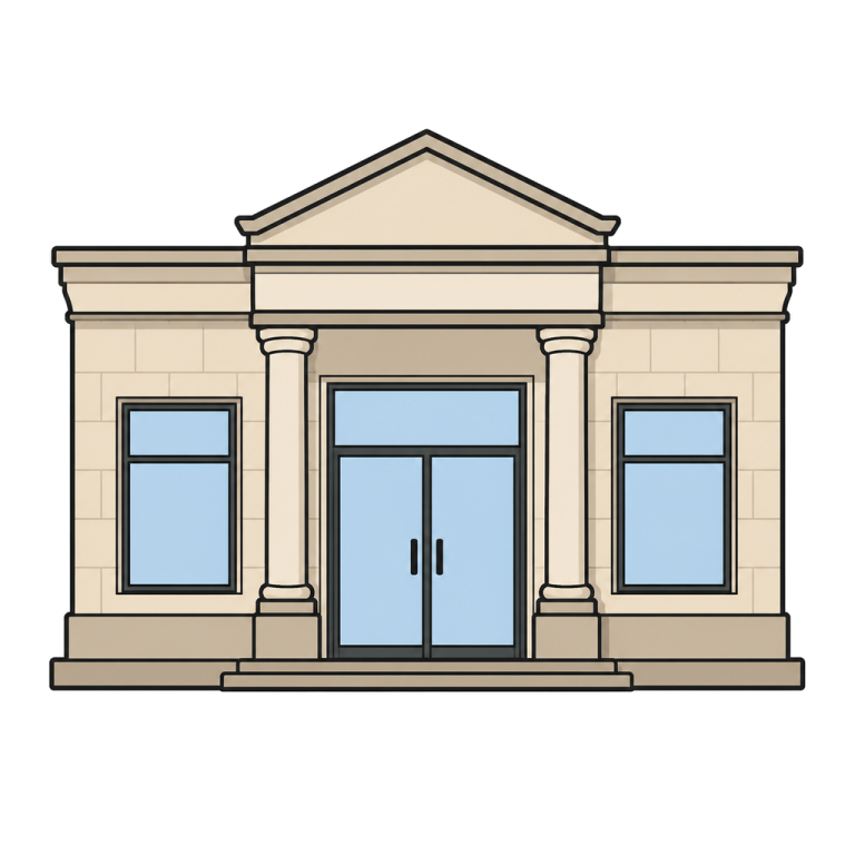 Illustration of a calm bank branch building viewed from the front