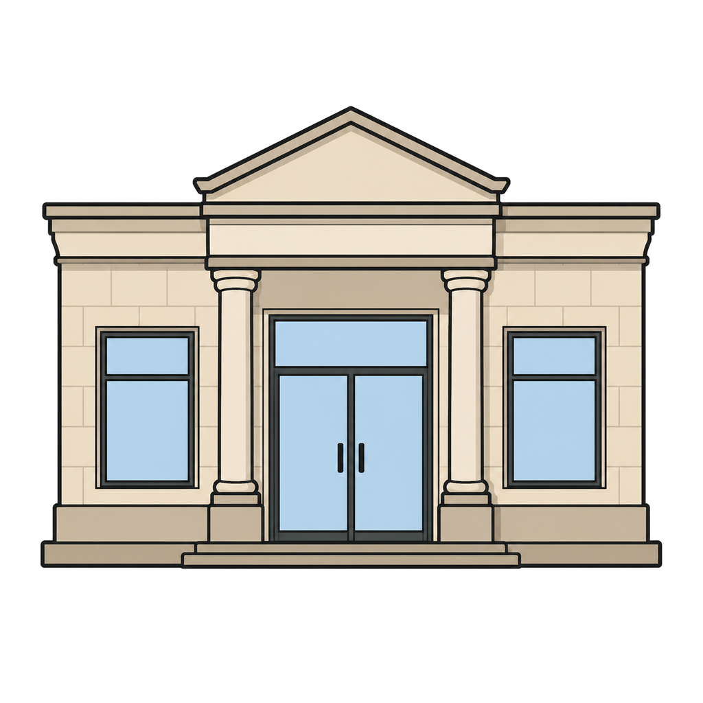 Illustration of a calm bank branch building viewed from the front