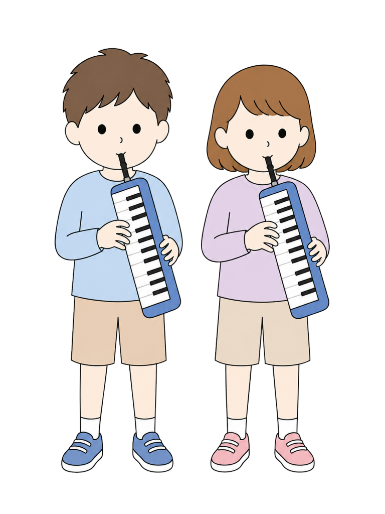 Boy and girl playing melodicas