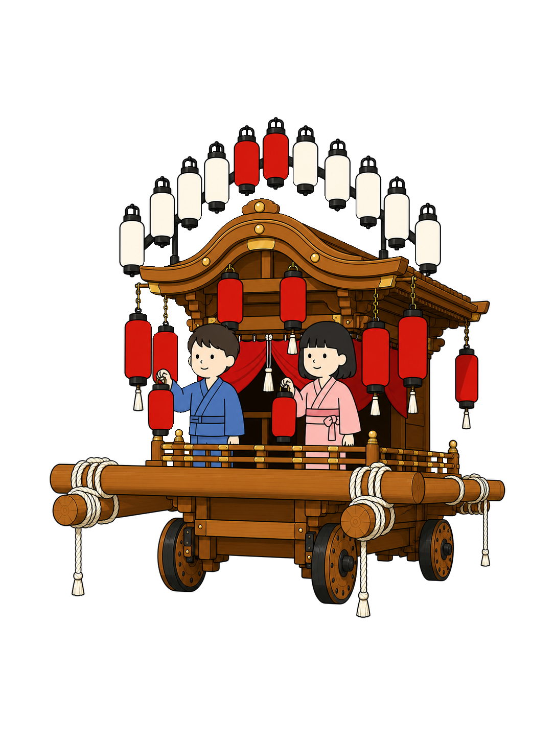 YURUNDO-style illustration of boy and girl riding a danjiri with lanterns.
