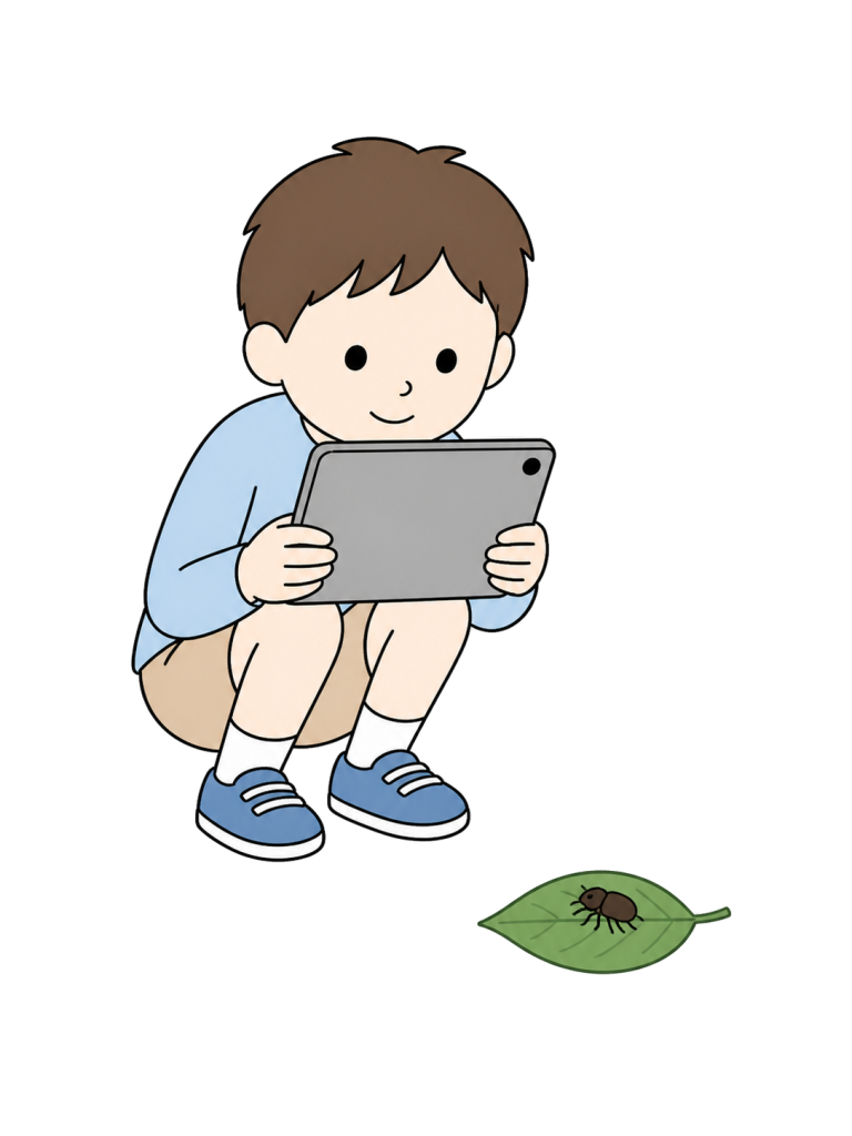 タブレットで虫を撮影する男の子のYURUNDOイラスト