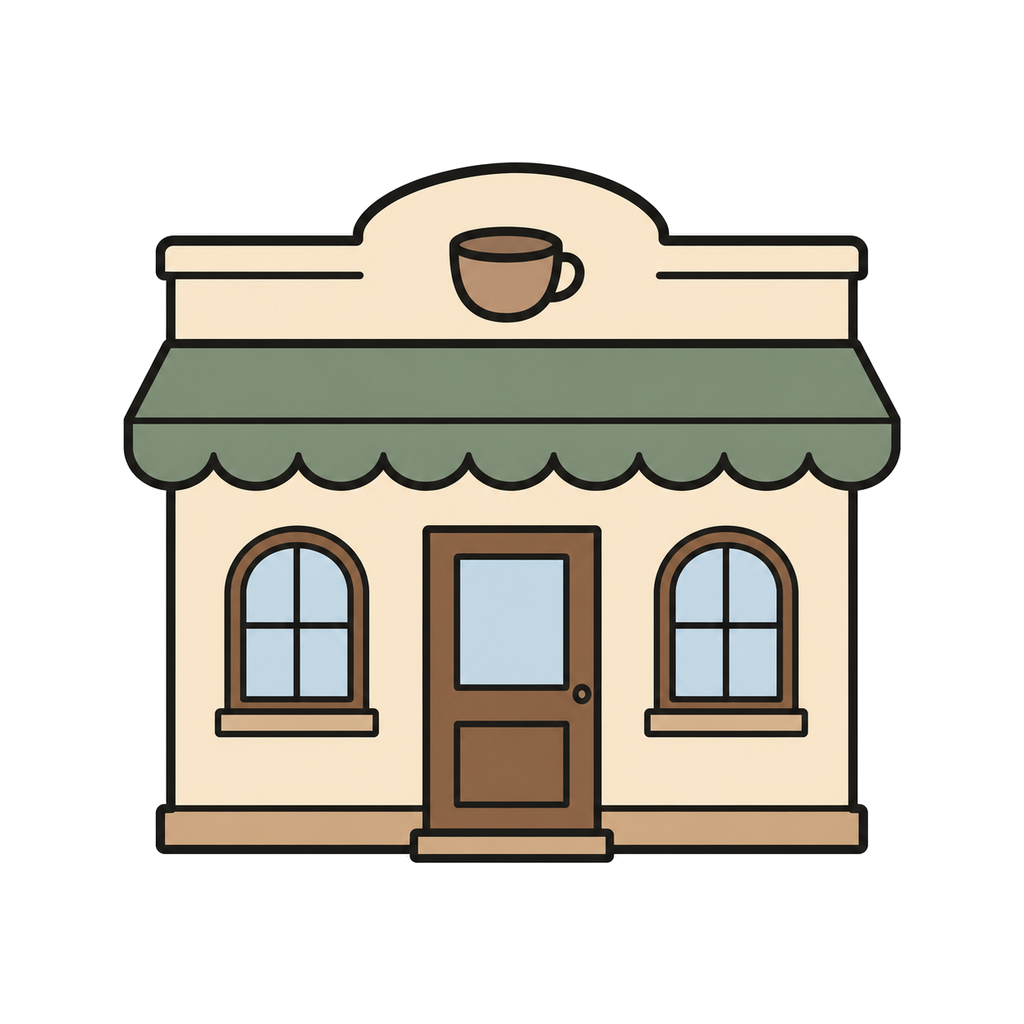 Illustration of a cafe building with a cup symbol and green awning viewed from the front