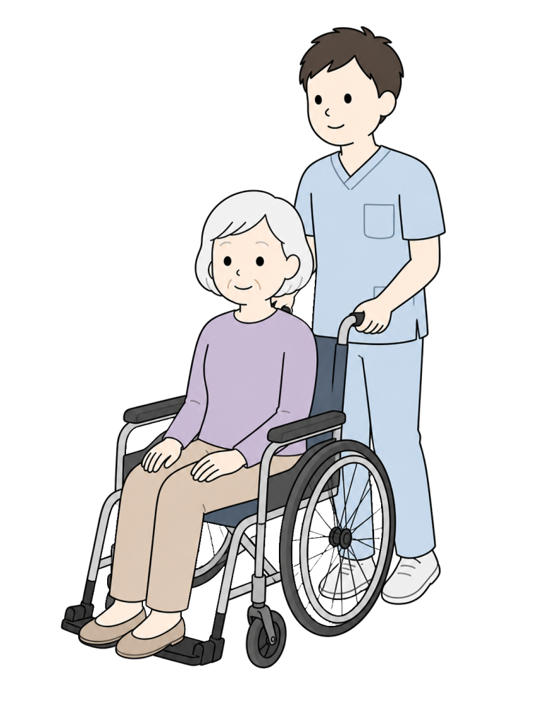 Caregiver pushing senior woman in wheelchair