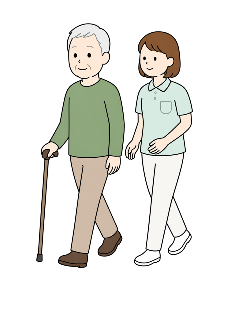 杖で歩く高齢男性を介護士がそばで見守るイラスト