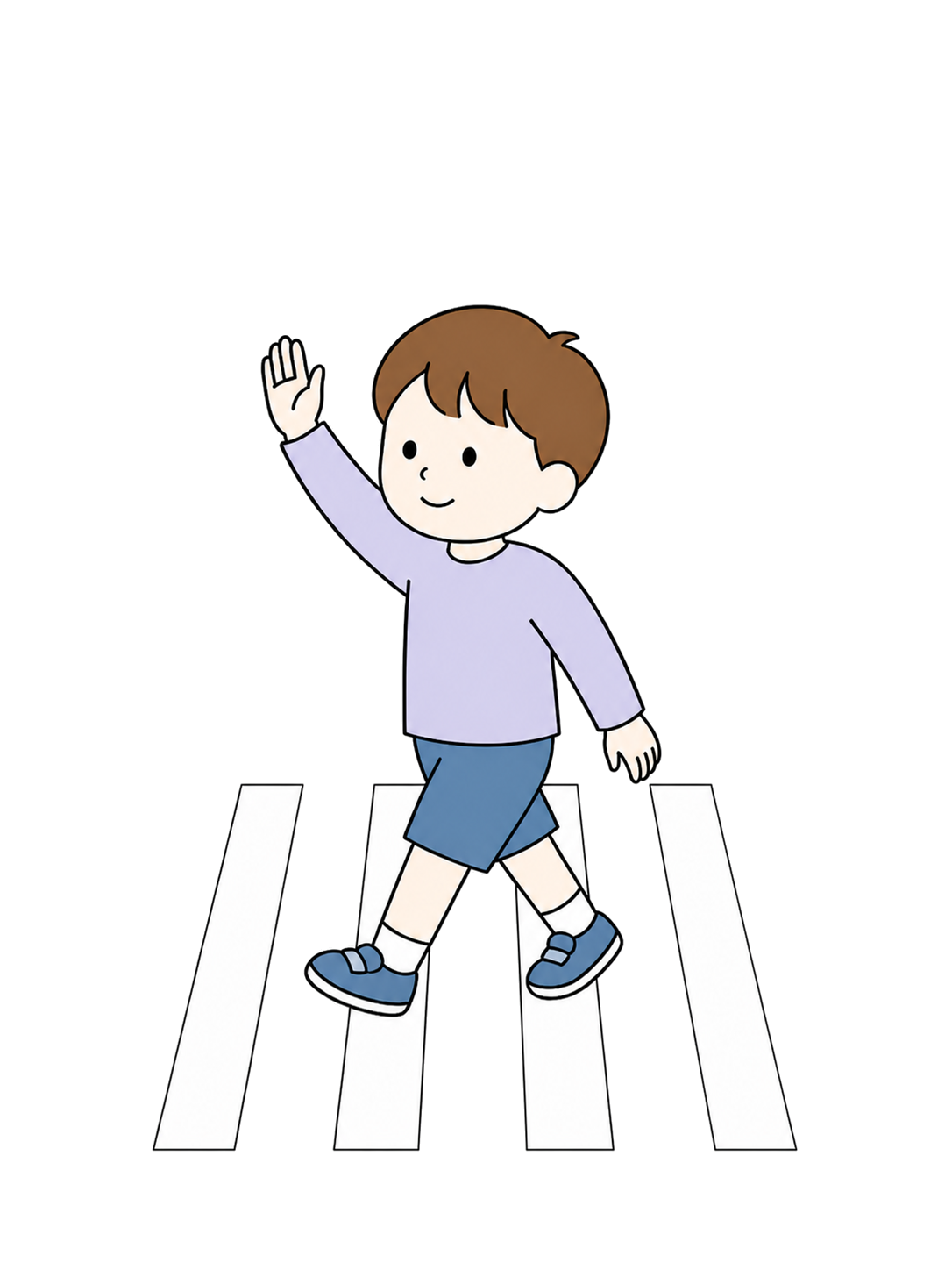 Child in pale lavender clothing raising a hand while crossing safely