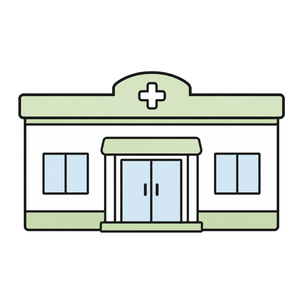 Illustration of a small clinic building viewed from the front