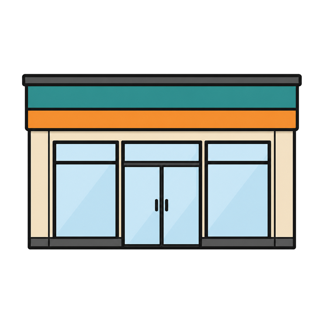 Illustration of a small convenience retail store with a glass entrance viewed from the front