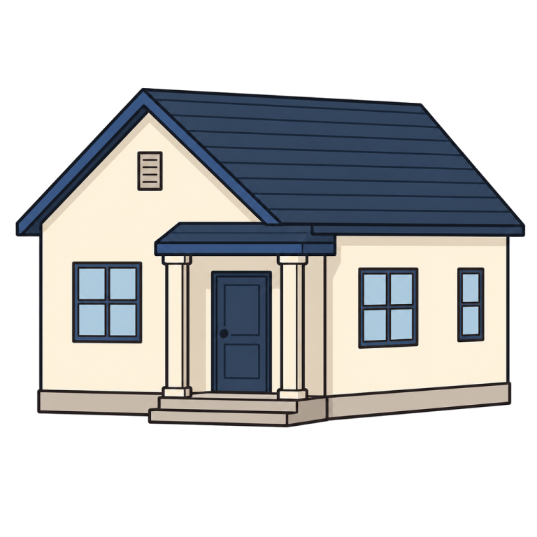 Illustration of a simple detached family house viewed from a slight three-quarter angle