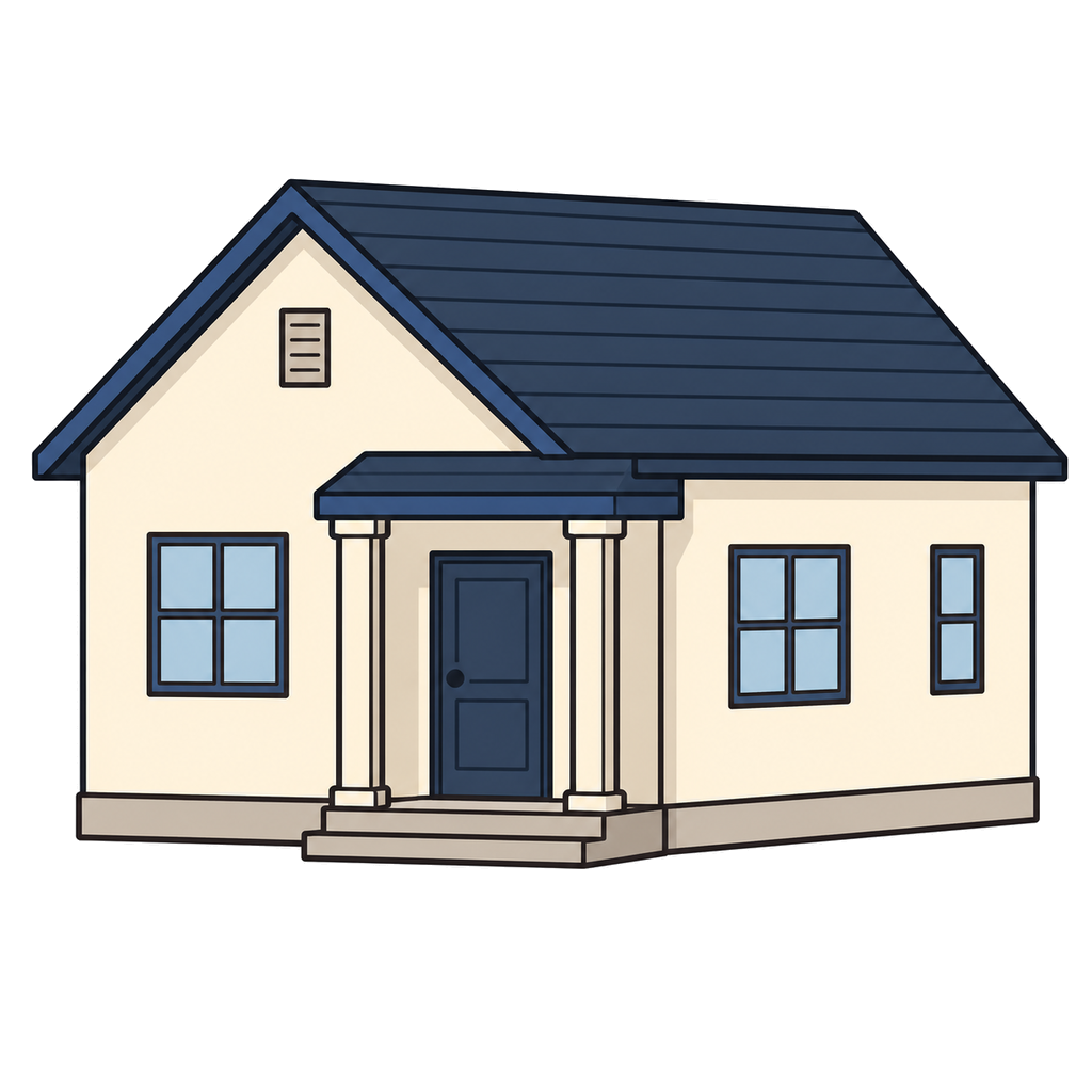Illustration of a simple detached family house viewed from a slight three-quarter angle