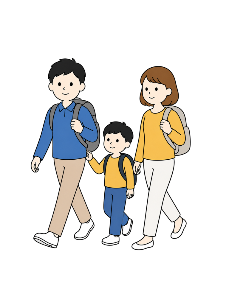 防災バッグを持って一緒に避難する三人家族