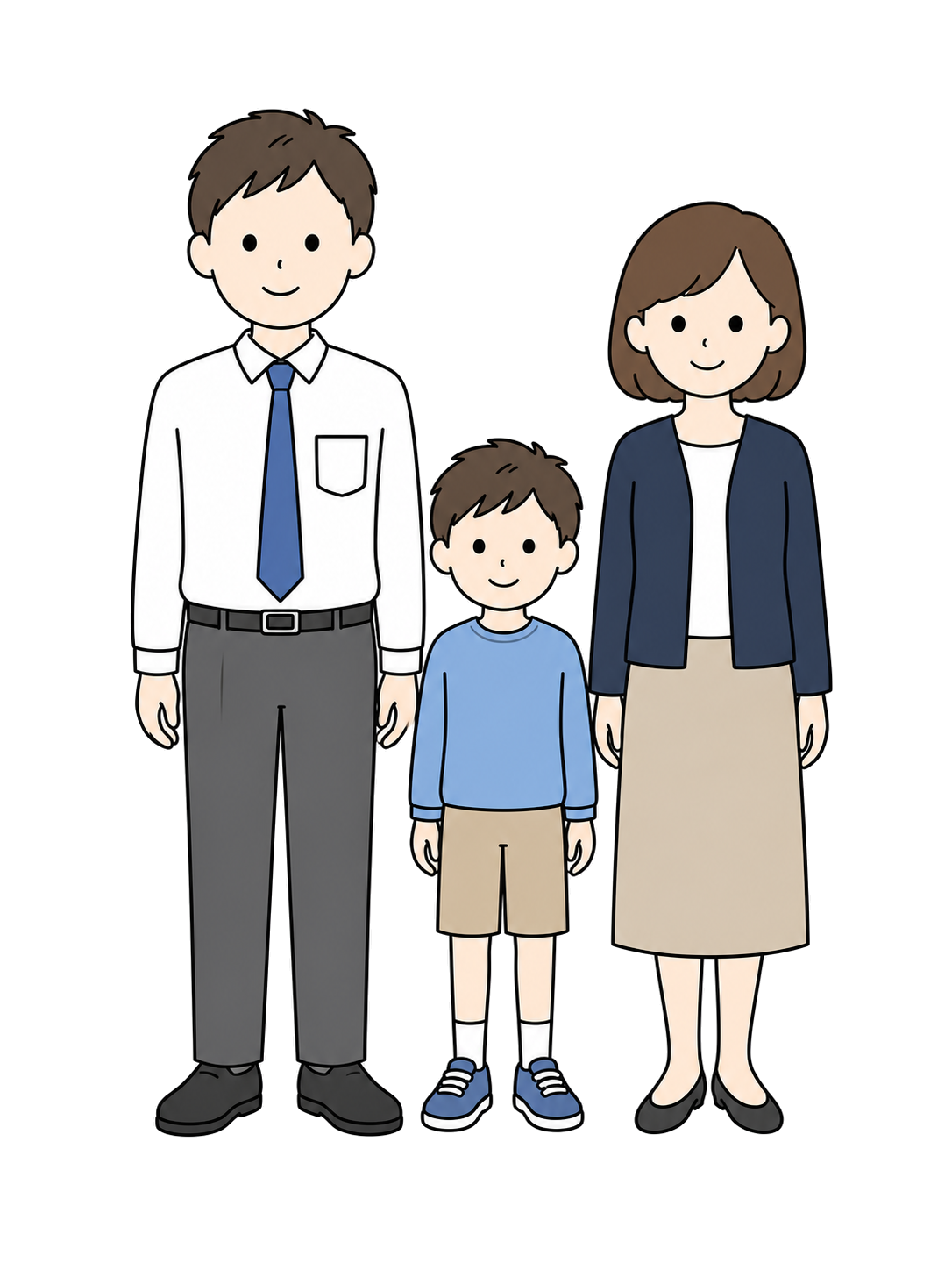 Illustration of a father, mother, and one child standing together facing front
