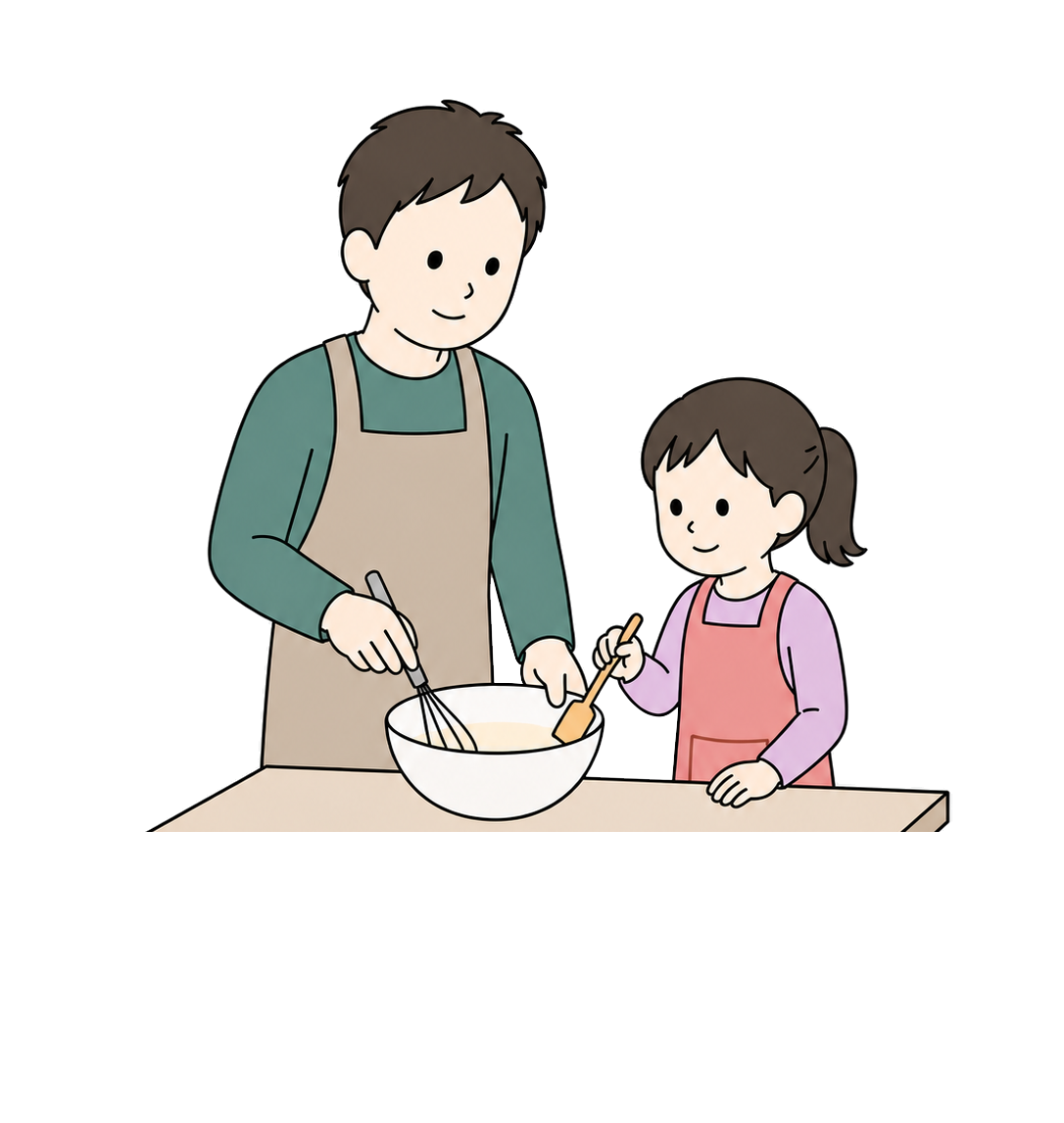 Illustration of a father and daughter cooking together in three-quarter view
