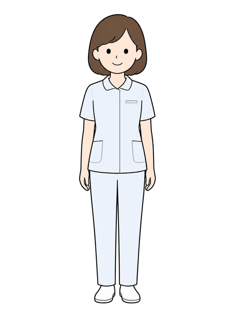 シンプルな医療ユニフォームを着て正面を向いて立つ成人女性看護師のイラスト
