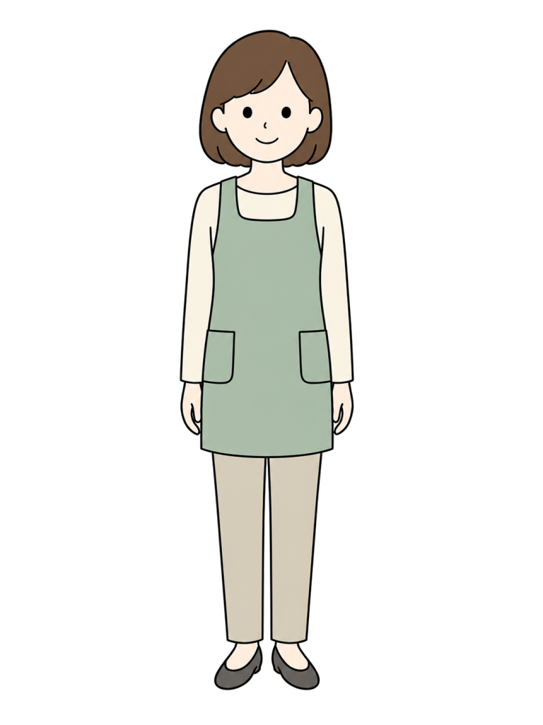シンプルなエプロンを着て正面を向いて自然に立つ成人女性保育士のイラスト