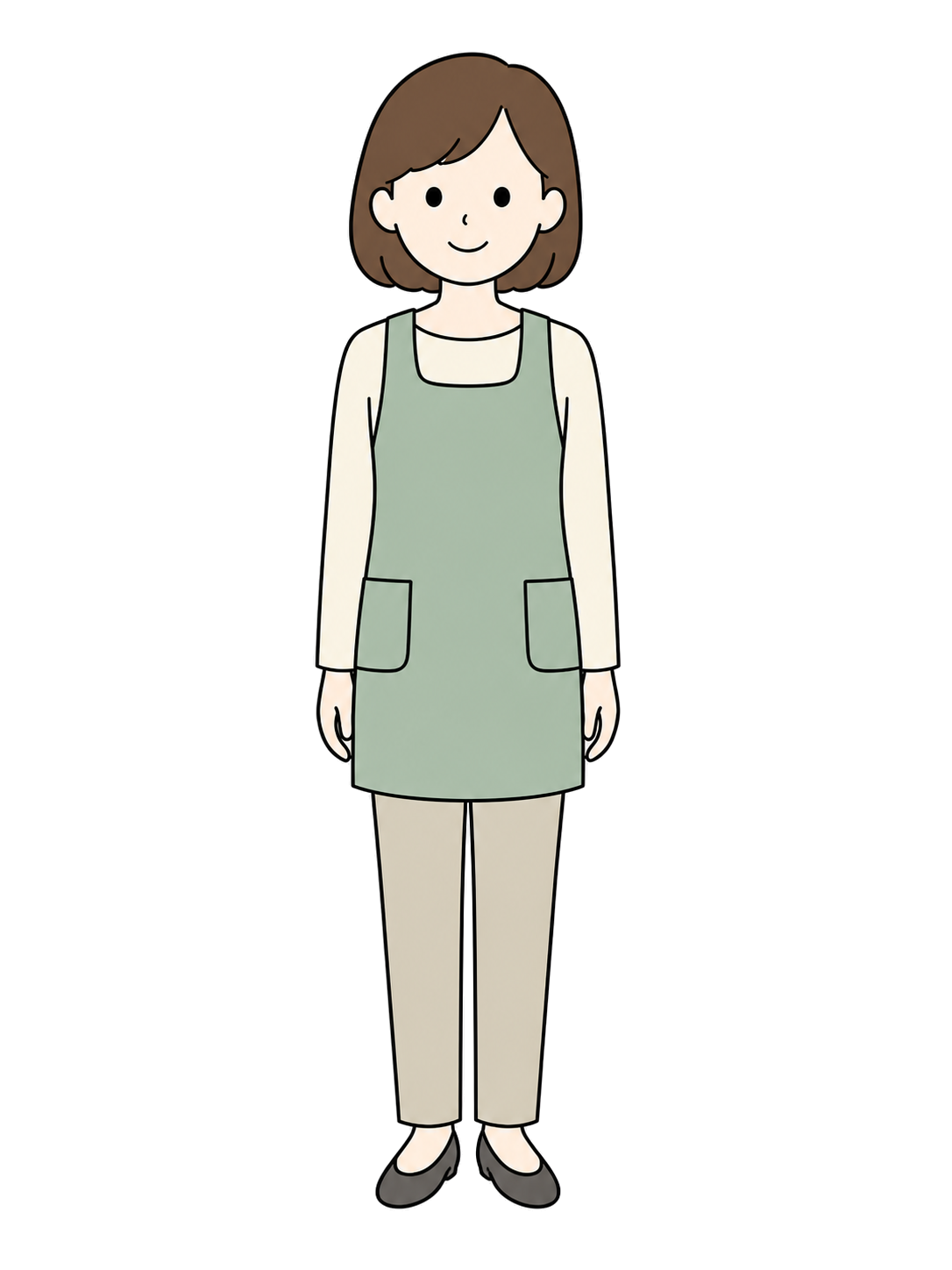 Illustration of an adult female nursery teacher standing front-facing in a simple apron
