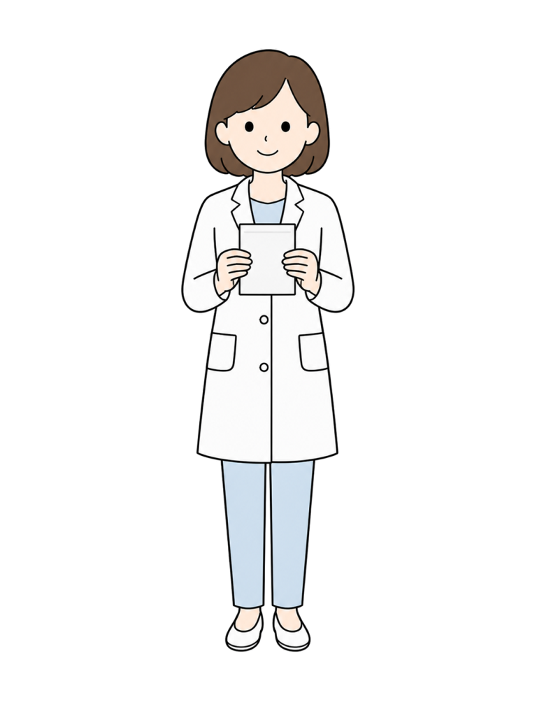 白衣姿で無地の薬袋を両手に持ち、正面に立つ成人女性薬剤師のイラスト