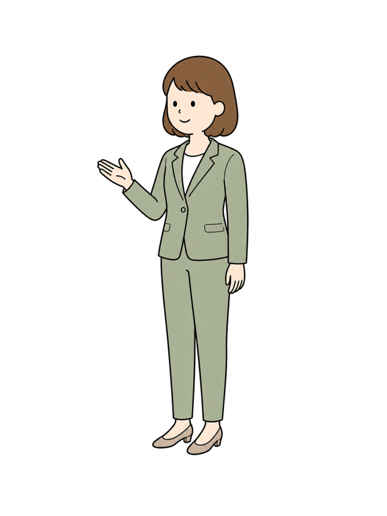 スーツ姿で片手を開き、人前で説明する成人女性スピーカーのイラスト