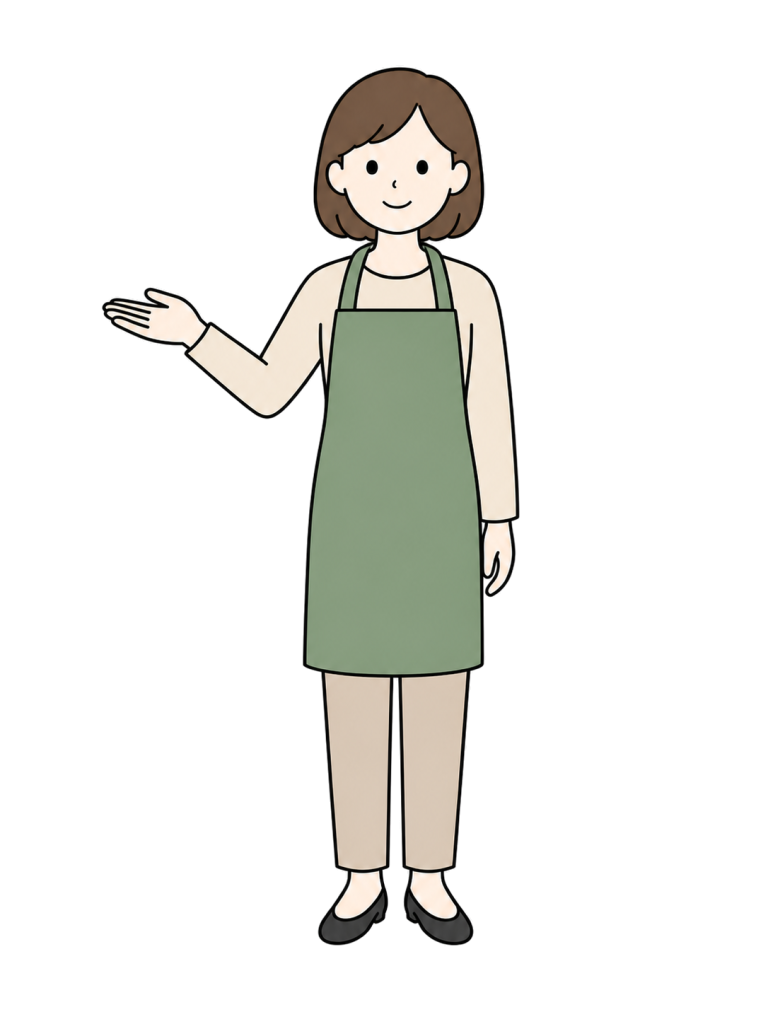 シンプルなエプロン姿で正面から自然に案内する成人女性店員のイラスト