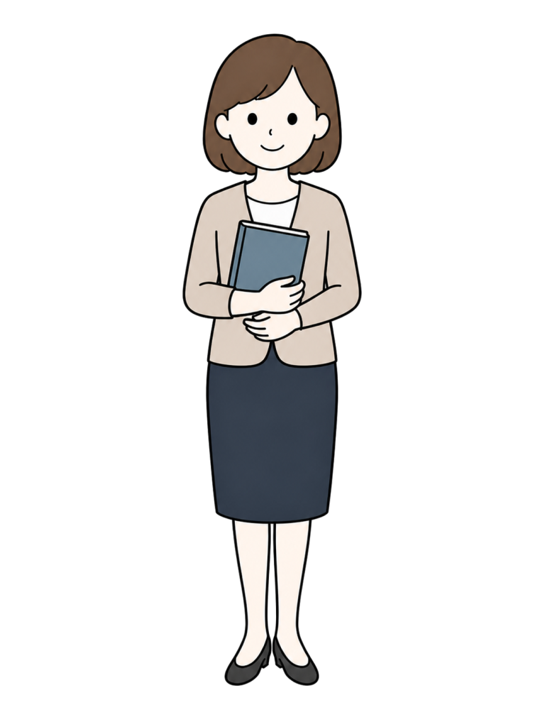 教材を胸元に自然に持ち、正面を向いて立つ成人女性教師のイラスト