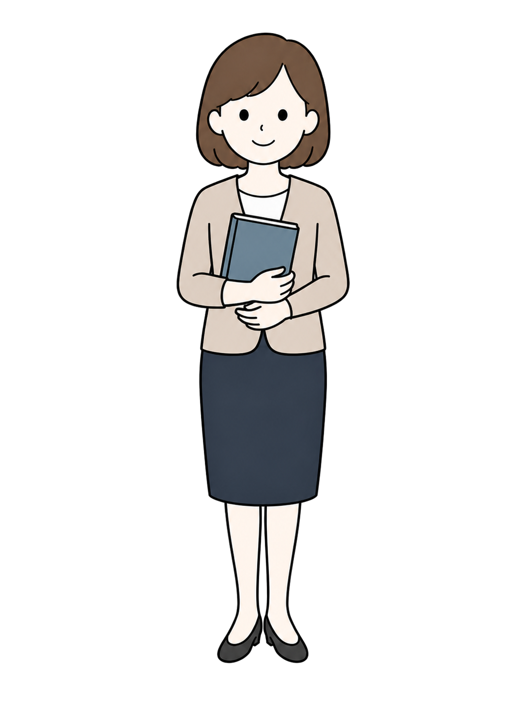 Illustration of an adult female teacher standing front-facing while holding a textbook