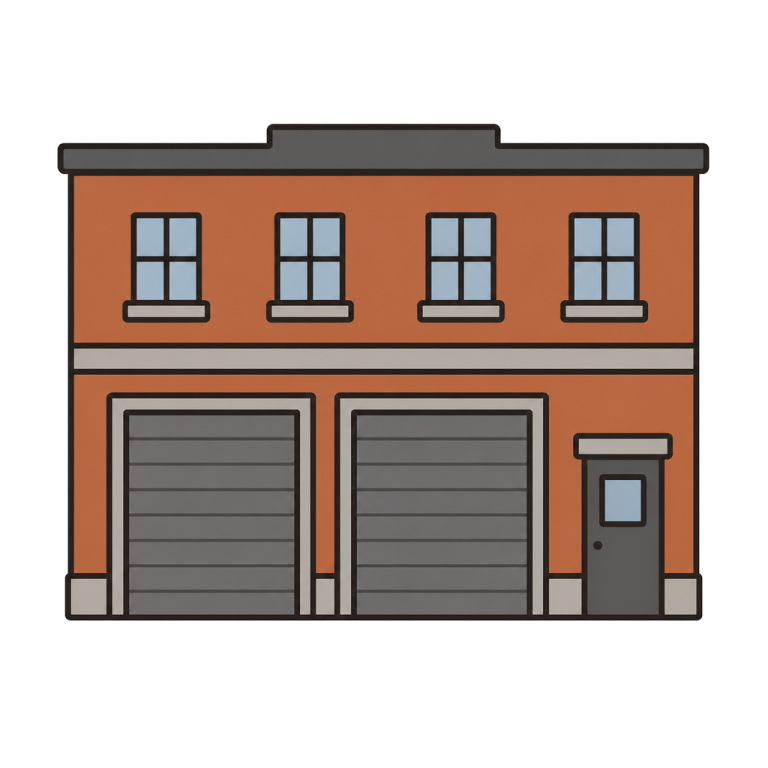 Illustration of a fire station with two garage shutters viewed from the front