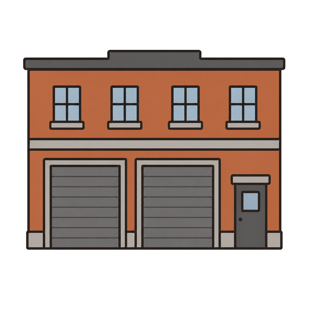 Illustration of a fire station with two garage shutters viewed from the front