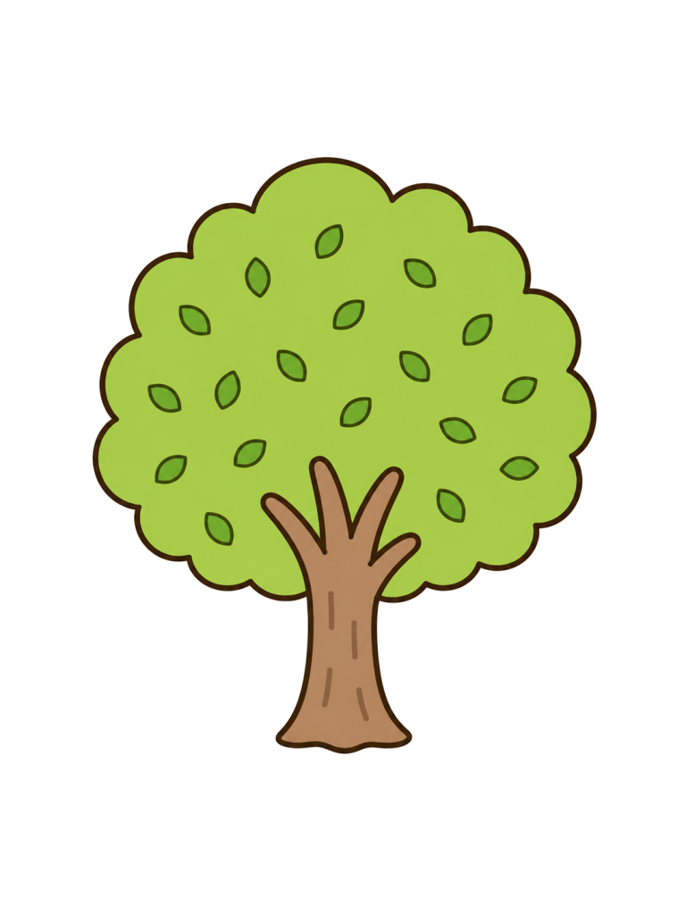 明るい新緑の葉をつけた丸い樹冠の木のイラスト