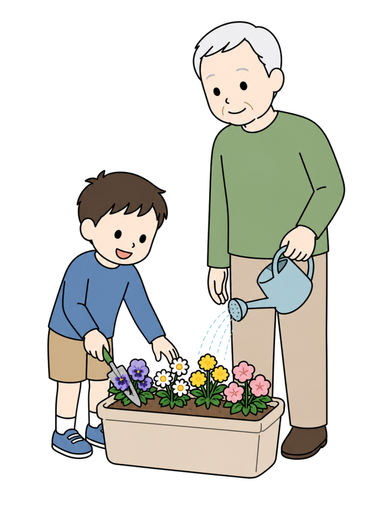 Grandfather gardening with grandson