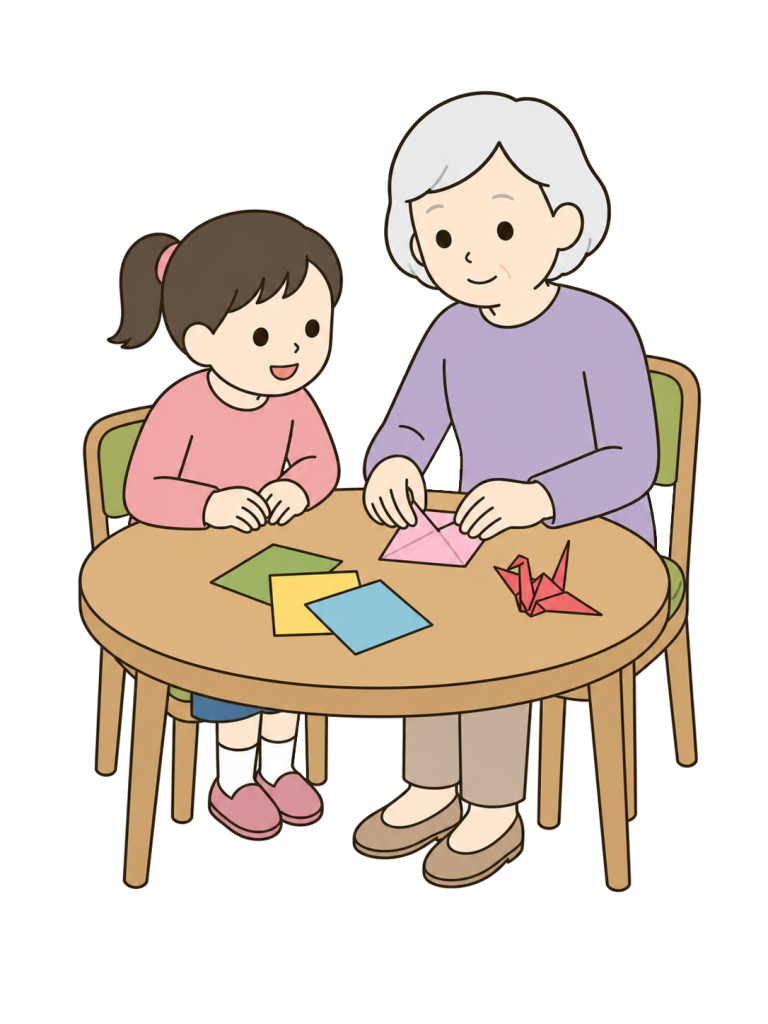 Grandmother teaching origami to granddaughter