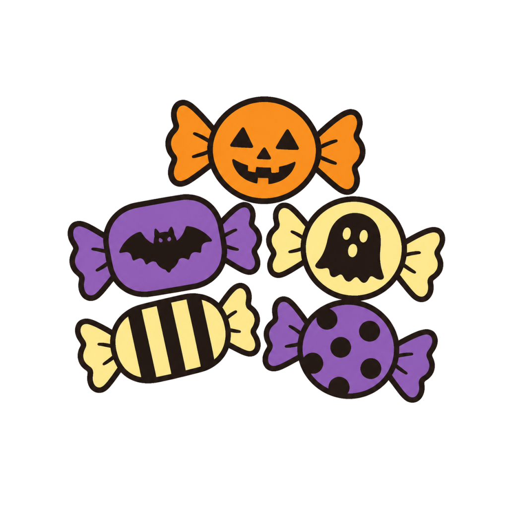Illustration of an assortment of Halloween wrapped candy