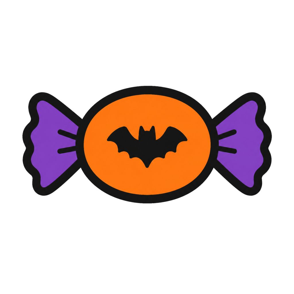 Simple Halloween icon of an orange and purple wrapped candy