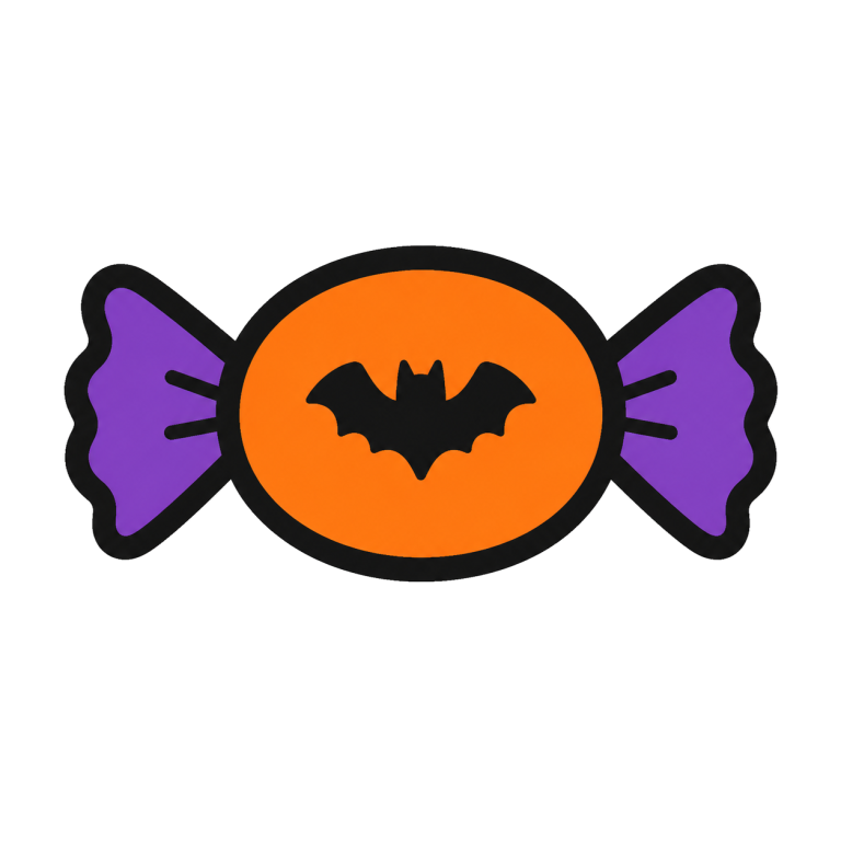 Simple Halloween icon of an orange and purple wrapped candy
