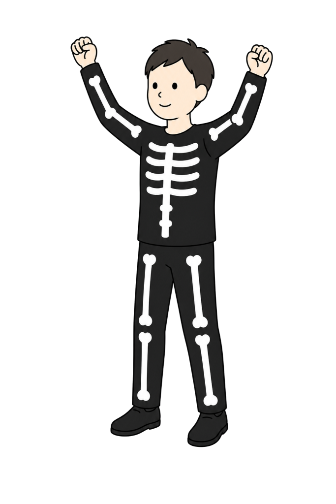 Illustration of a happy adult man in a skeleton costume raising both arms