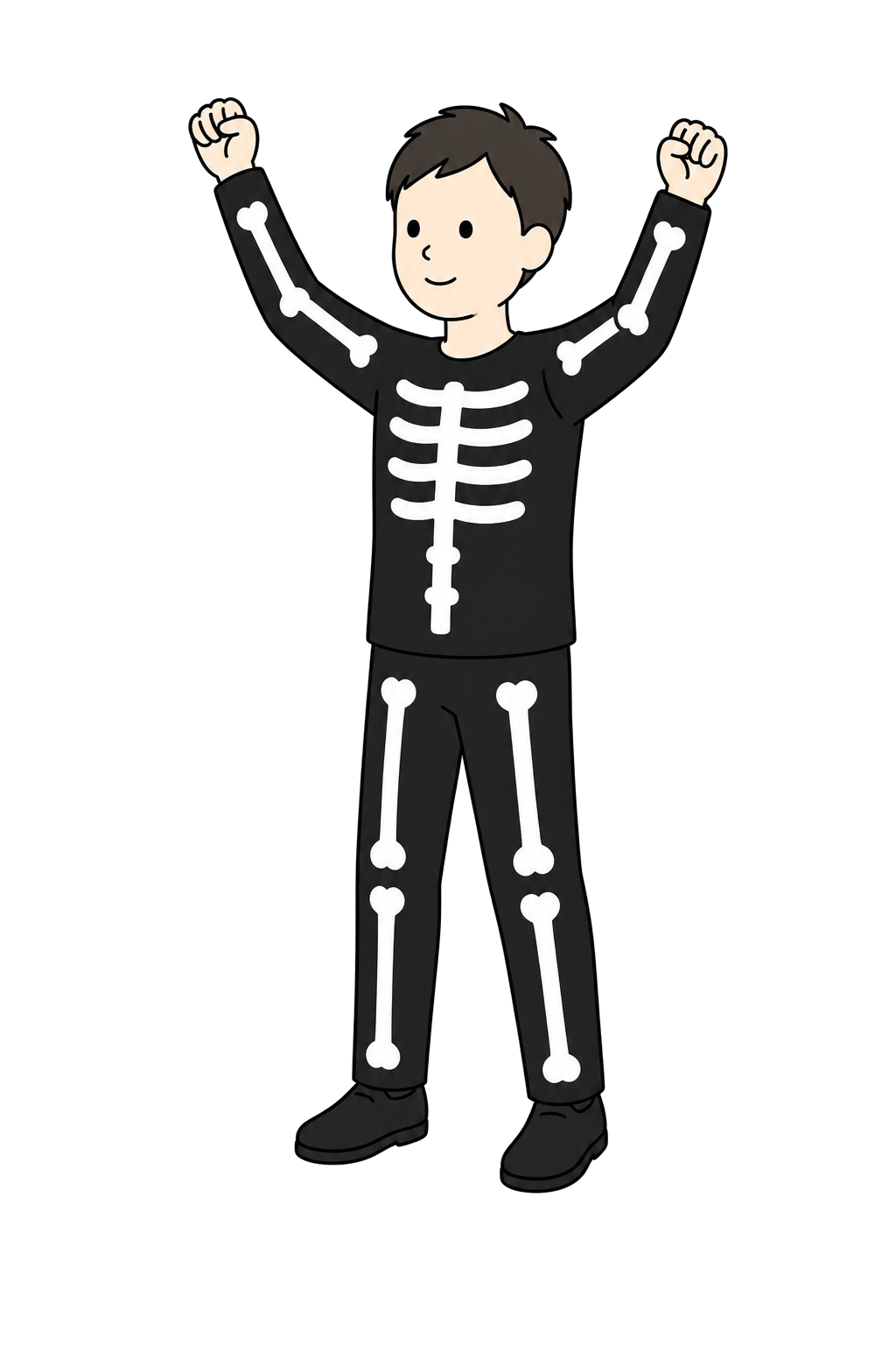 Illustration of a happy adult man in a skeleton costume raising both arms