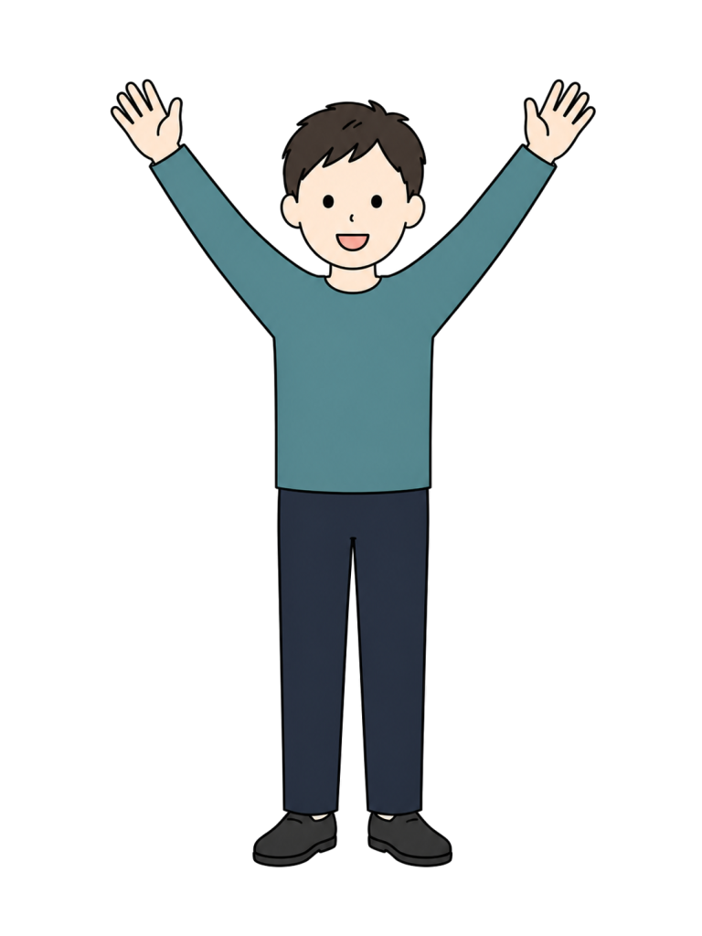 Full-body illustration of a joyful adult man facing forward and raising both hands high