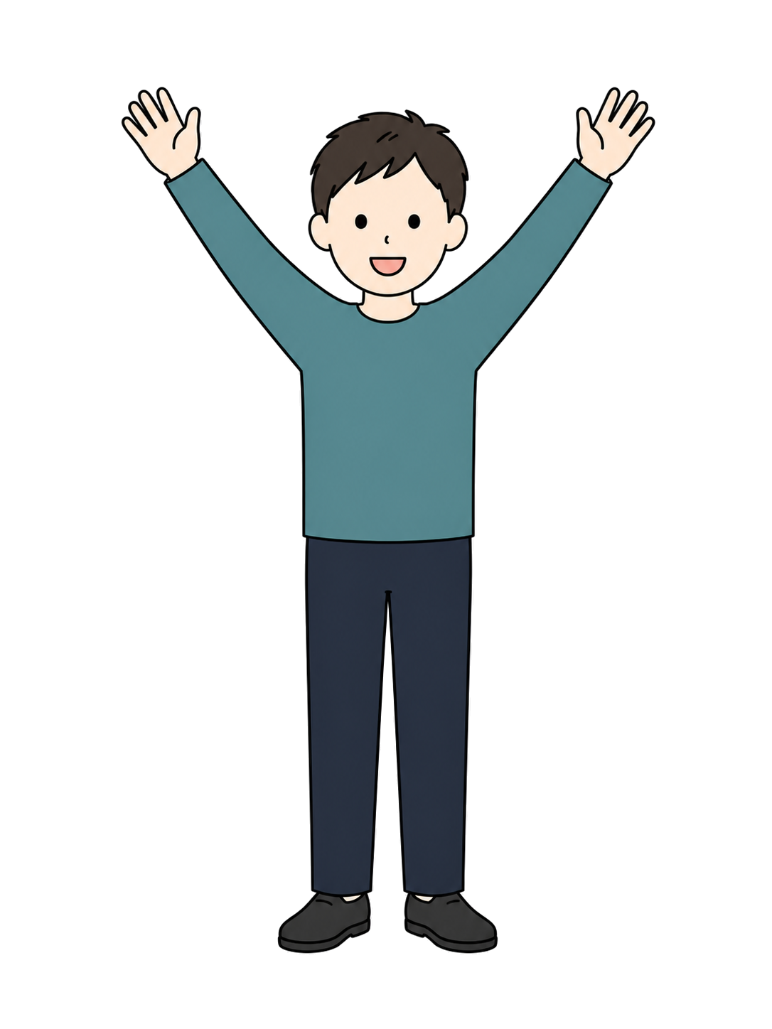 Full-body illustration of a joyful adult man facing forward and raising both hands high