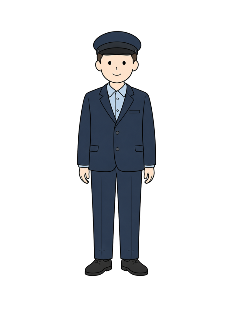 一般化された制服と制帽を着て正面に立つ成人男性バス運転手のイラスト