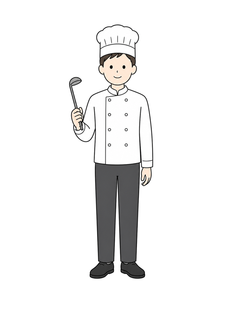 コック帽とシェフ服を着て、おたまを持って正面に立つ成人男性シェフのイラスト